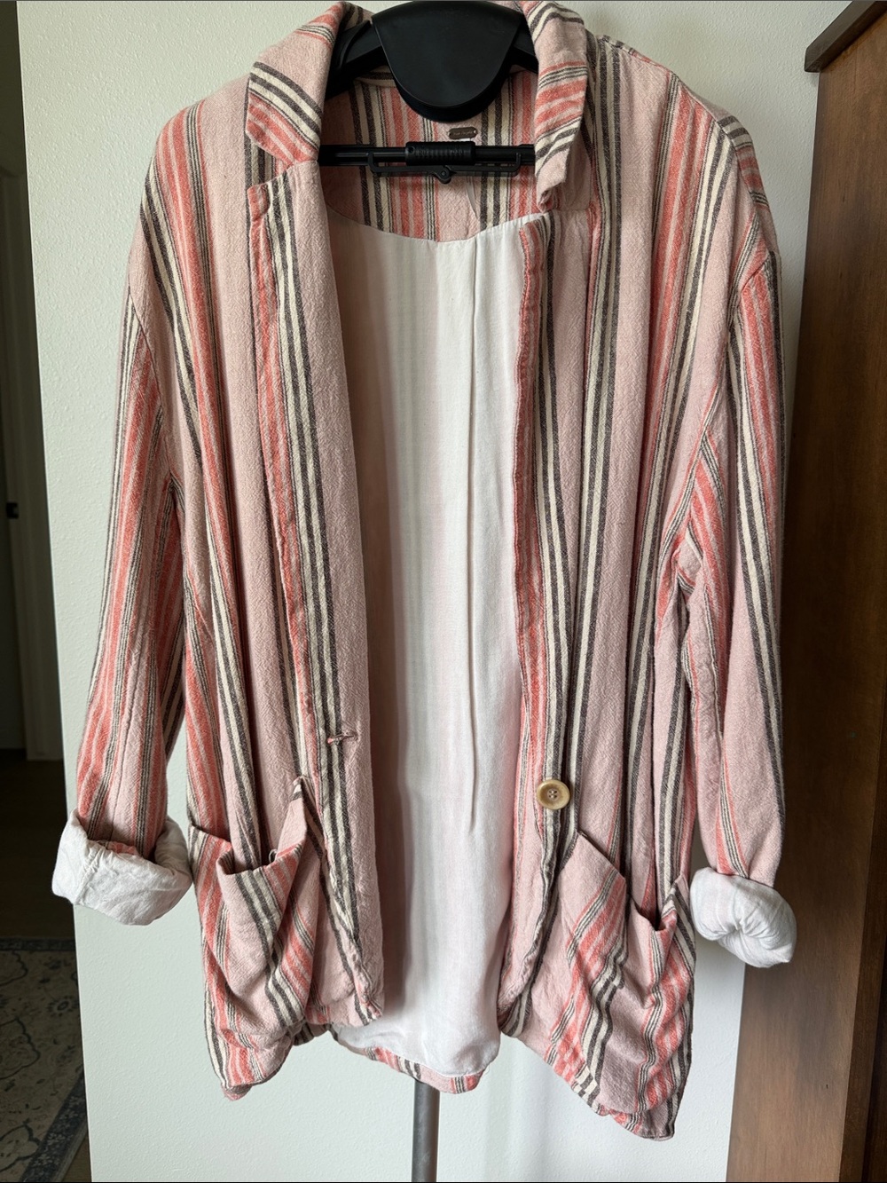 Free People Coral and Cream Striped Open Blazer